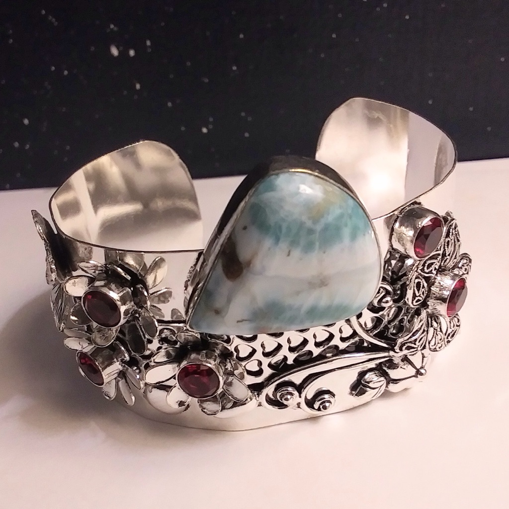 Larimar Garnet 925 Sterling Silver Cuff Bracelet 115$